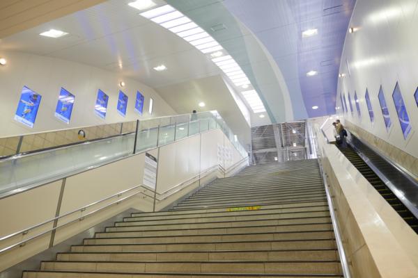 写真：二子玉川駅の階段、エスカレータ両サイドに沿って等間隔で並べられたディスプレイ