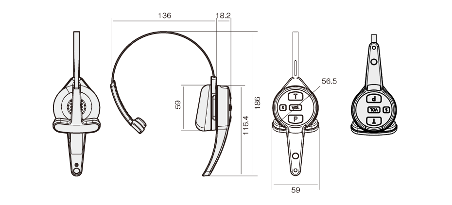 オールインワンヘッドセット WX-CH455　寸法図（単位：mm）