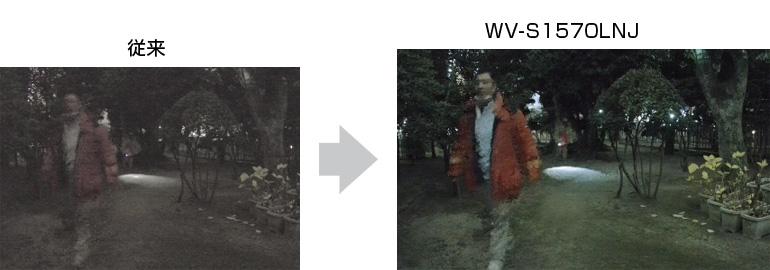 カラー最低照度の比較画像・左画像は従来の画像で色合が不鮮明、右画像はWV-S1570LNJのカメラ画像色で色合が識別可能。		