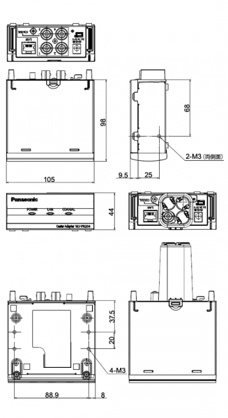 寸法図：レシーバー側4チャンネル WJ-PR204