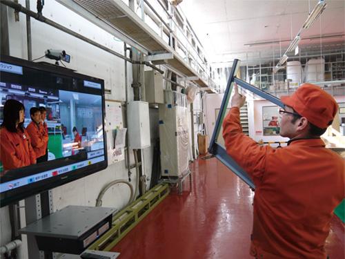 写真：工場間で製品の品質向上のための情報共有や、製品の作り方を説明するのに活用。奈良県の本社工場と三重工場（画面内の左）、本社事務所（画面内の右）の接続画面。