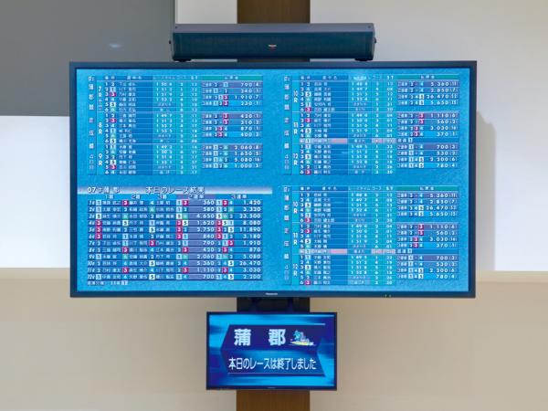 写真：レースのスタート前にはオッズ情報や成績を4分割のマルチ画面で表示。細かな文字情報も鮮明に表示している