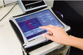 写真：画面の大きなボタンをタッチする操作