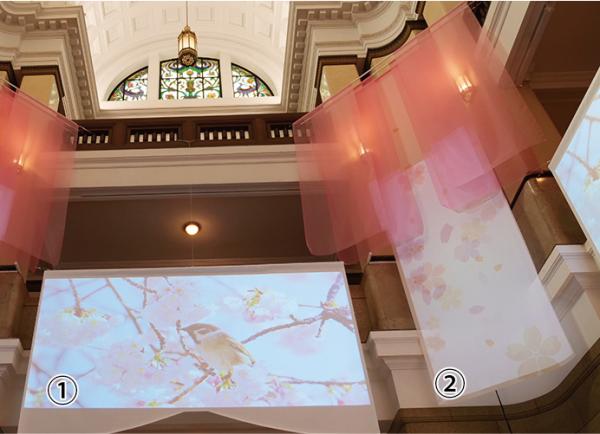 写真：プロジェクターの風景映像①とスペースプレーヤーの花びらが舞う映像②