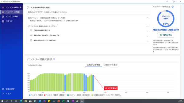 バッテリーの残量推移をグラフで確認することができる