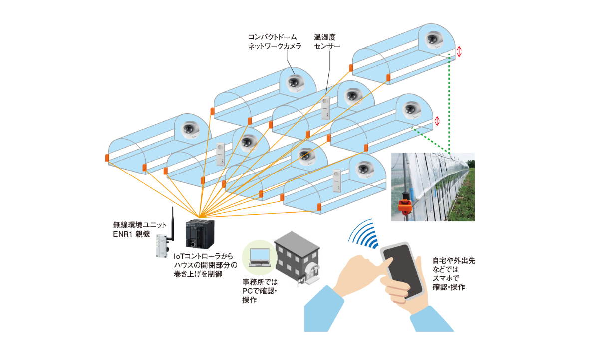 システム構成図：8つのビニールハウス内に1台ずつコンパクトドームネットワークカメラを設置。8つのうち３つのハウス内には温湿度センサーも設置されている。さらに、全てのハウスの側面にはハウスを開閉する巻き上げユニットが左右１台ずつ、計１６台設置してあり、無線環境ユニットENR1親機を介して、IOTコントローラからハウスの開閉部分の制御を行う。事務所ではPCでハウスの状態を確認、操作できる。また自宅や外出先からはスマホなどで確認、操作可能。