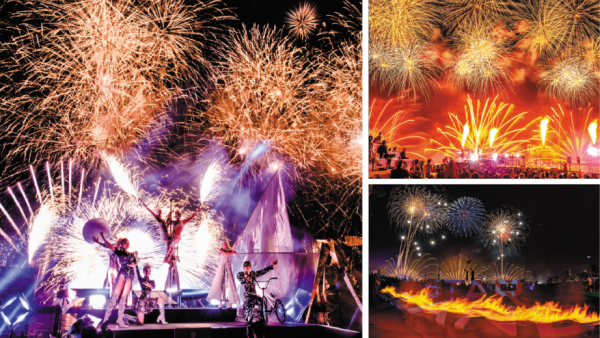 写真：盛大な花火の前でショーが行われている3枚の写真