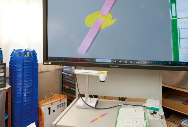 写真：図工の授業中の様子。児童が制作した作品を実物投影機を使用してタッチスクリーンディスプレイに大きく映し出している。