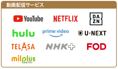 動画配信サービス（YouTube,NETFLIX,DAZN,hulu,prime video,U-NEXT,TELASA,milplus）