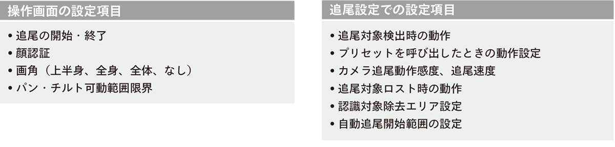 操作画面と追尾設定の設定項目の画像