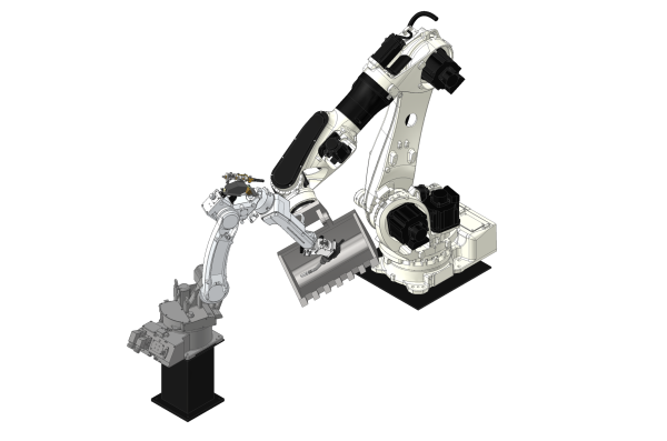 ハンドリングロボットと溶接ロボットの協調システムです