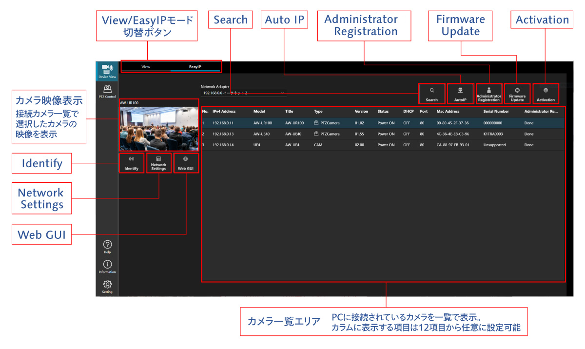 接続カメラの情報を一目で確認できるMain画面