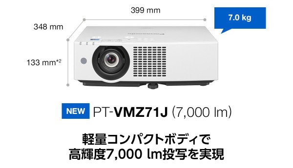 軽量コンパクトボディで 高輝度7,000 lm投写を実現