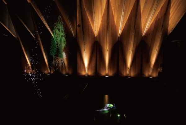 写真：メッシュスクリーンに投映するとコンテンツが立体的に浮かび上がって見える