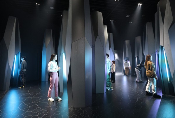 写真：体験者が古木を覗き込む様子