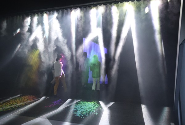 写真：滝＝ミストウォールをくぐりぬける体験者