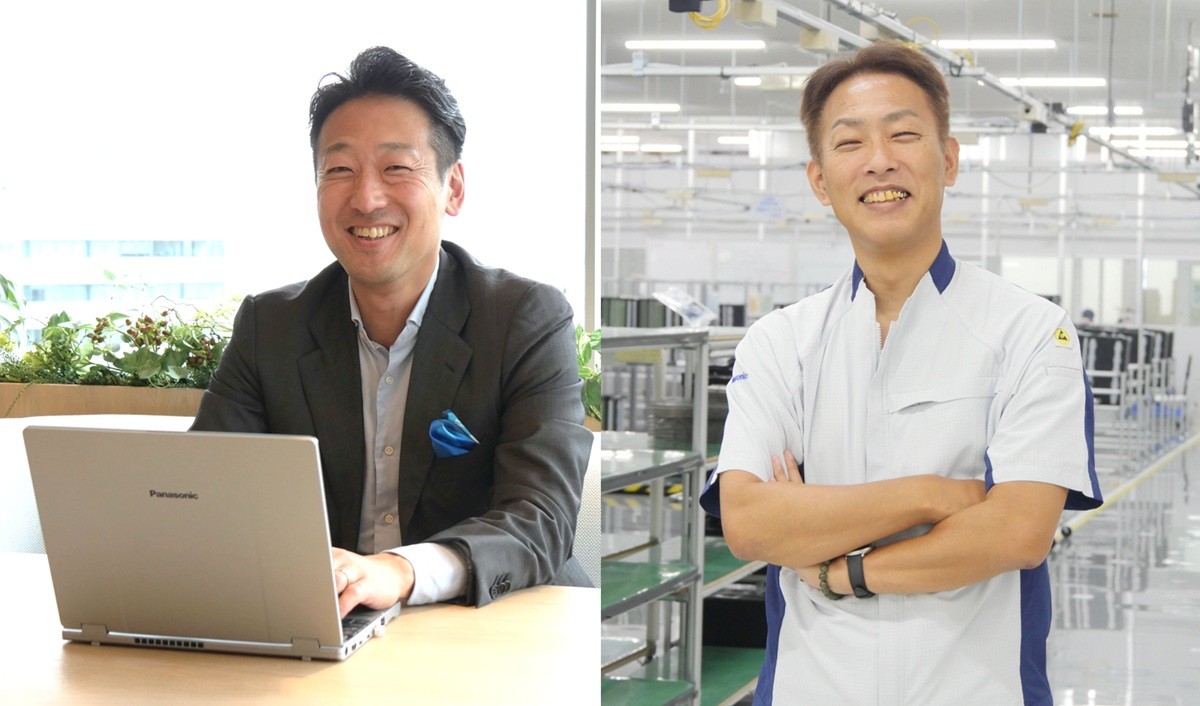 レッツノートが30年間守り、育んできた「日本のモノづくり」のキービジュアル。左側はスーツの男性がオフィスでノートパソコン使用、右側は作業着の男性が工場で立っている。