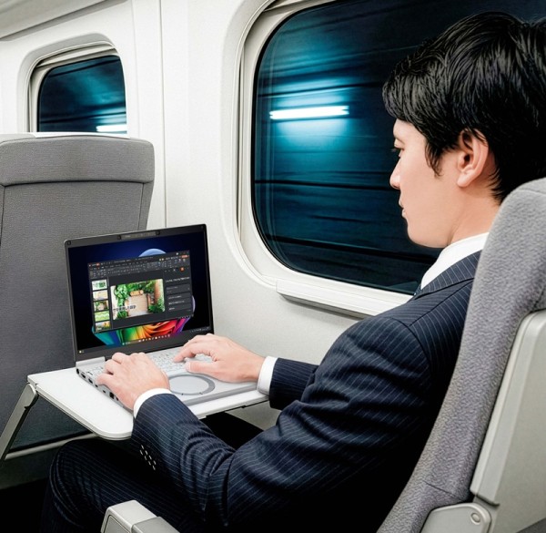 新幹線の車内でレッツノートを使う男性。