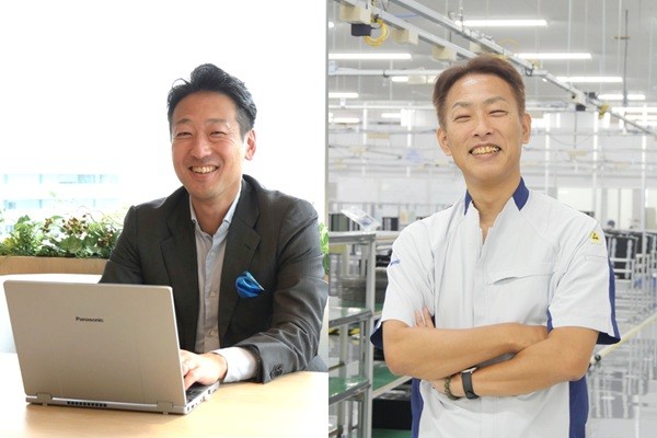 レッツノートが30年間守り、育んできた「日本のモノづくり」のキービジュアル。左側はスーツの男性がオフィスでノートパソコン使用、右側は作業着の男性が工場で立っている。