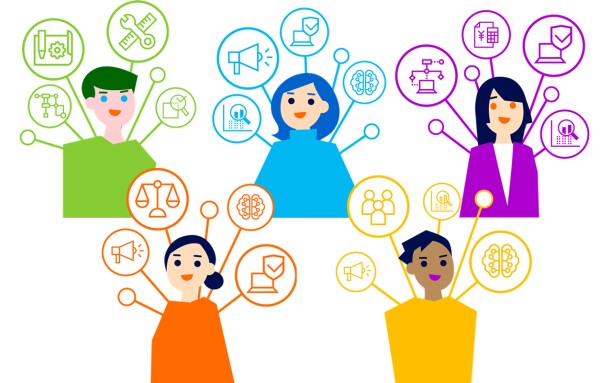さまざまなスキルや職種を表すアイコンに囲まれた5人の人物のイラスト