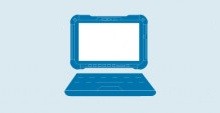 青い背景に描かれた青い頑丈なノートパソコンのイラスト