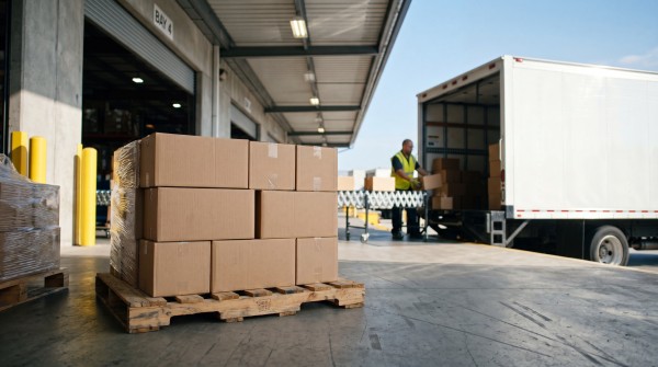 倉庫の荷台に積まれた段ボール箱とトラック