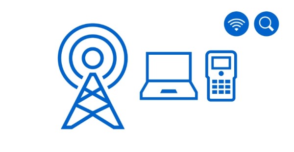 通信関連の青いアイコングラフィック。アンテナ、コンピューター、電話が描かれている。