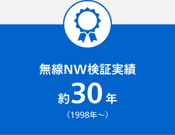 無線ネットワーク検証実績約30年、青色背景に白いロゴとテキスト。