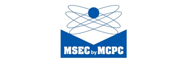 青い背景に白い原子モデルのロゴデザイン、下部に「MSEC, MCPC」の文字。