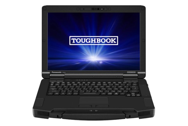 頑丈な黒いノートパソコン、画面に「TOUGHBOOK」のロゴが表示されている。