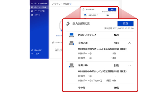 USB機器の消費電力の割合や、取り外した場合の推定延長駆動時間を表示