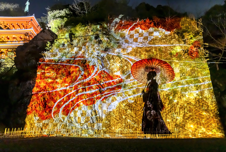 写真:高さ約20 mの崖一面に岐阜市の歴史を映し出した大迫力のメインスポット「奇跡の崖」