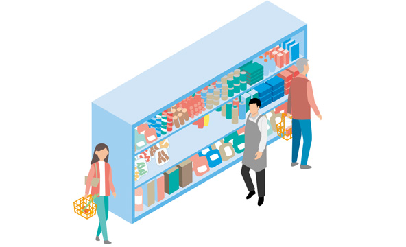 店員が定期巡回し、 商品棚に不足が無いかを 確認する手間がある