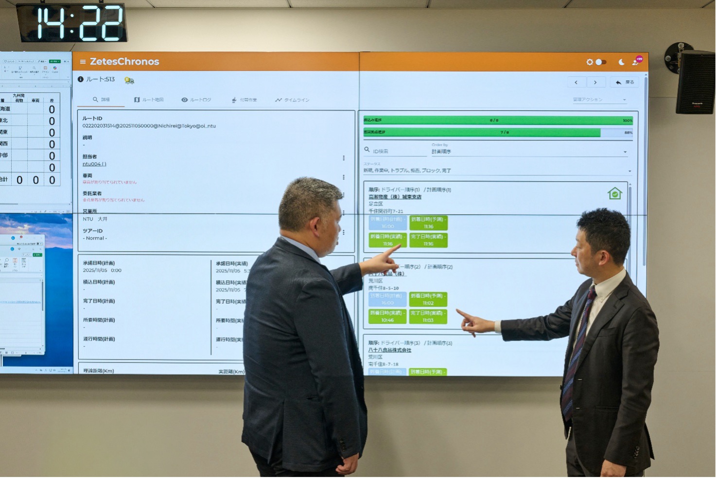 本社のフロアには、ZetesChronos™の管理画面を表示する大型ディスプレイが設置されている。