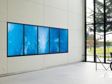 写真：80型の大画面、700 cd/㎡の高輝度を誇るTH-80LF50Jを5面マルチ設置。大開口のガラス張りの吹き抜け空間でも鮮明な映像を表示。造形デザイン学科の作品発表の場や保護者との撮影ポイントになっている